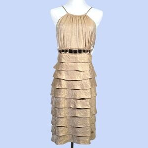 Adrianna Papell Gold Jeweled Empire Waist Tiered Sash Dress Size 12P Halter Neck